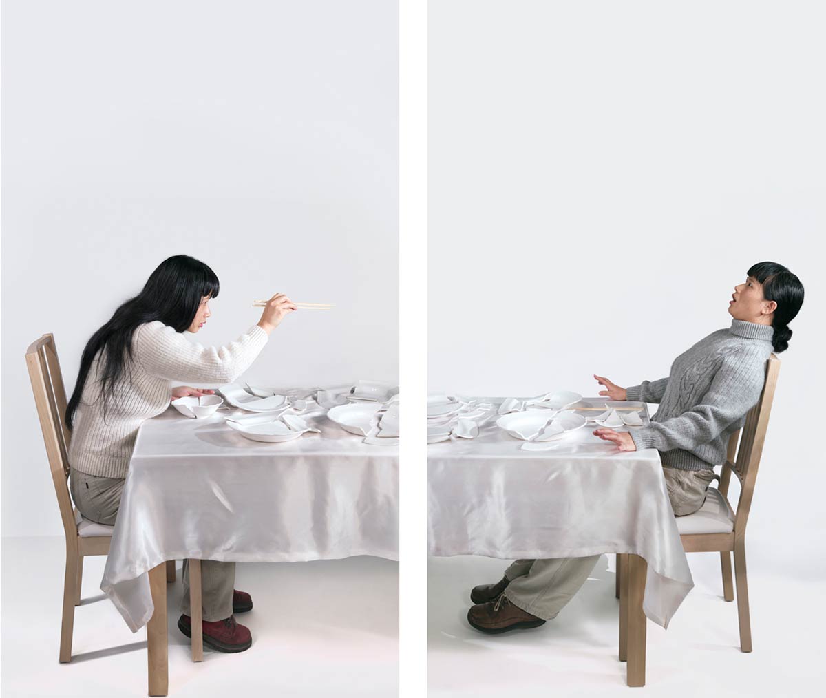 Chun Hua Catherine Dong uses her body to play a couple in domestic lives: she wears the husband’s clothing to present his presence. wife is left and husband is right.