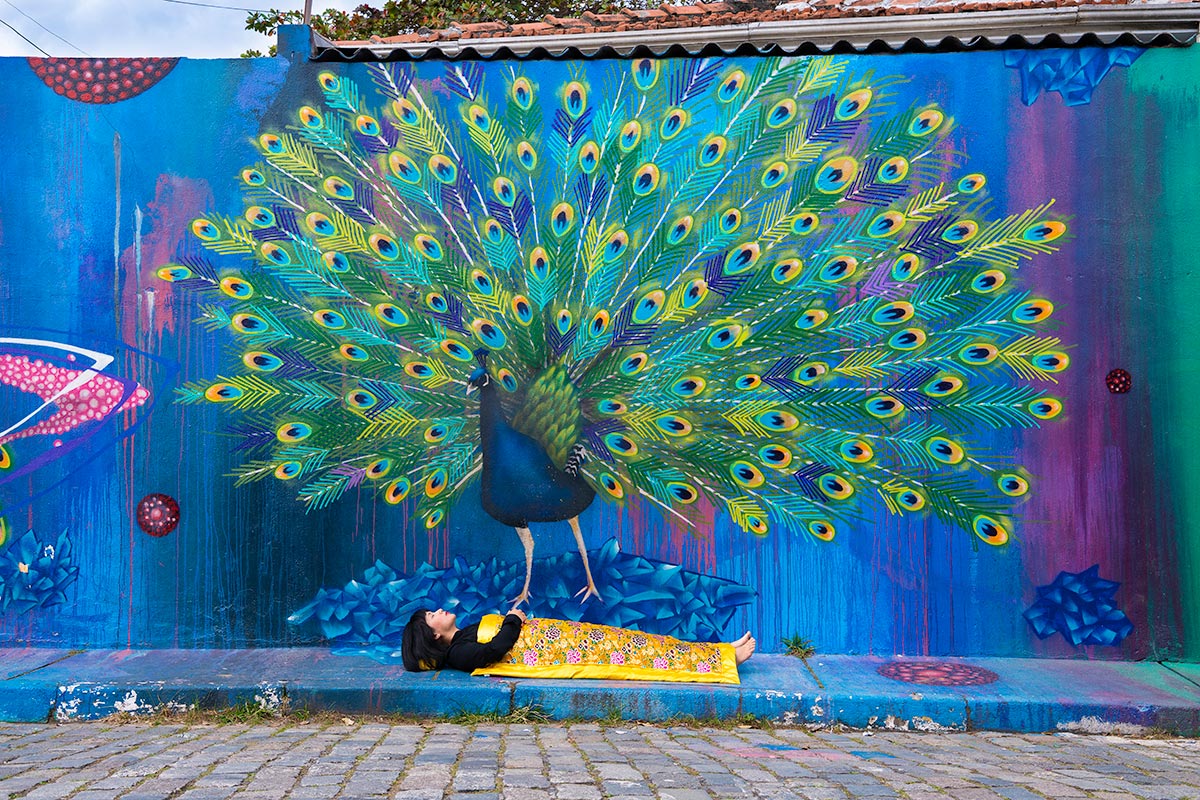 Chun Hua Catherine Dong is with a beautiful peacock in Sao Paulo