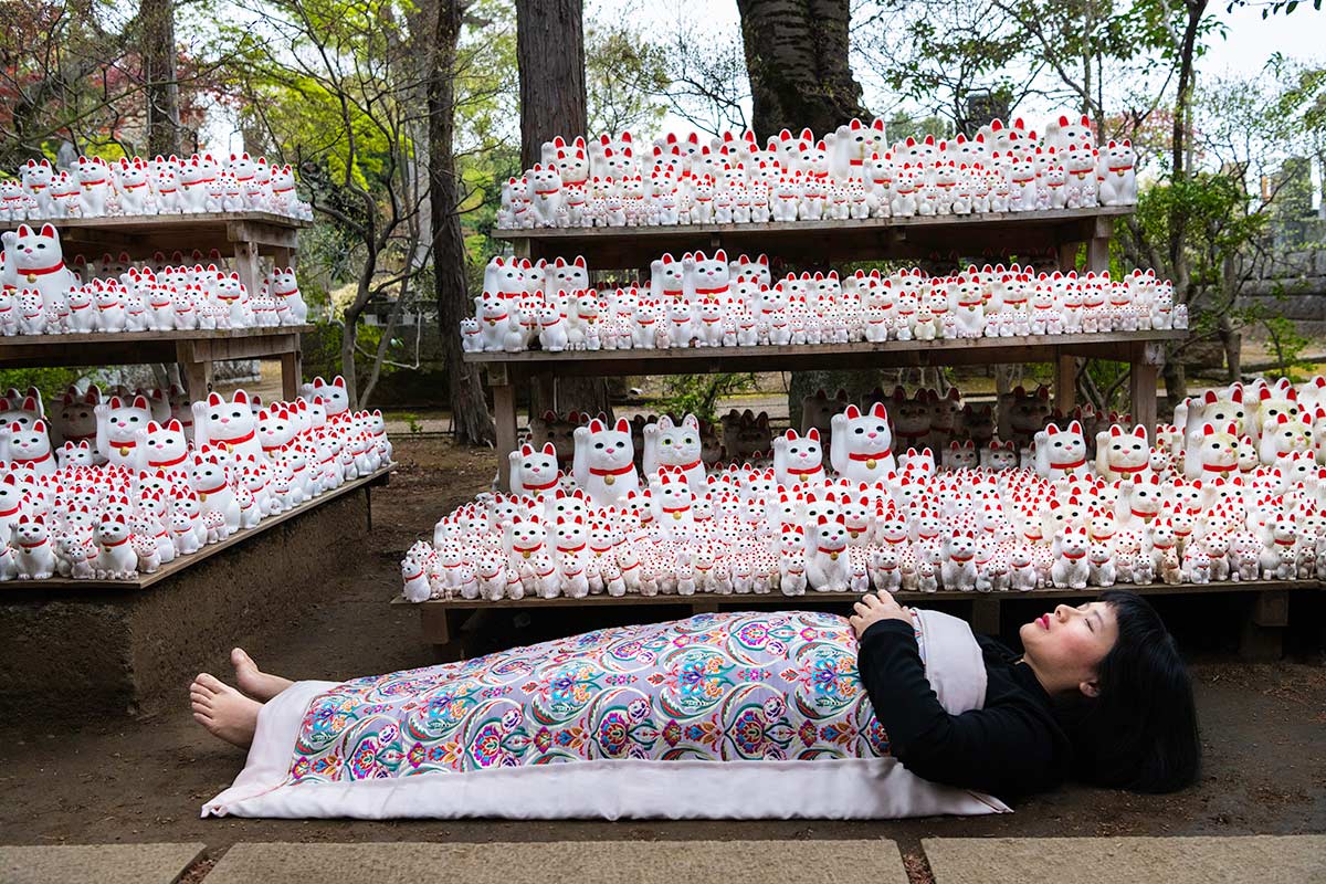 Chun Hua Catherine Dong performs death ritual in from of lots of hello kitties  