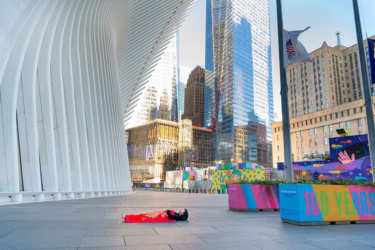 Chun Hua Catherine Dong sleeps the oculus world trade center in New York City