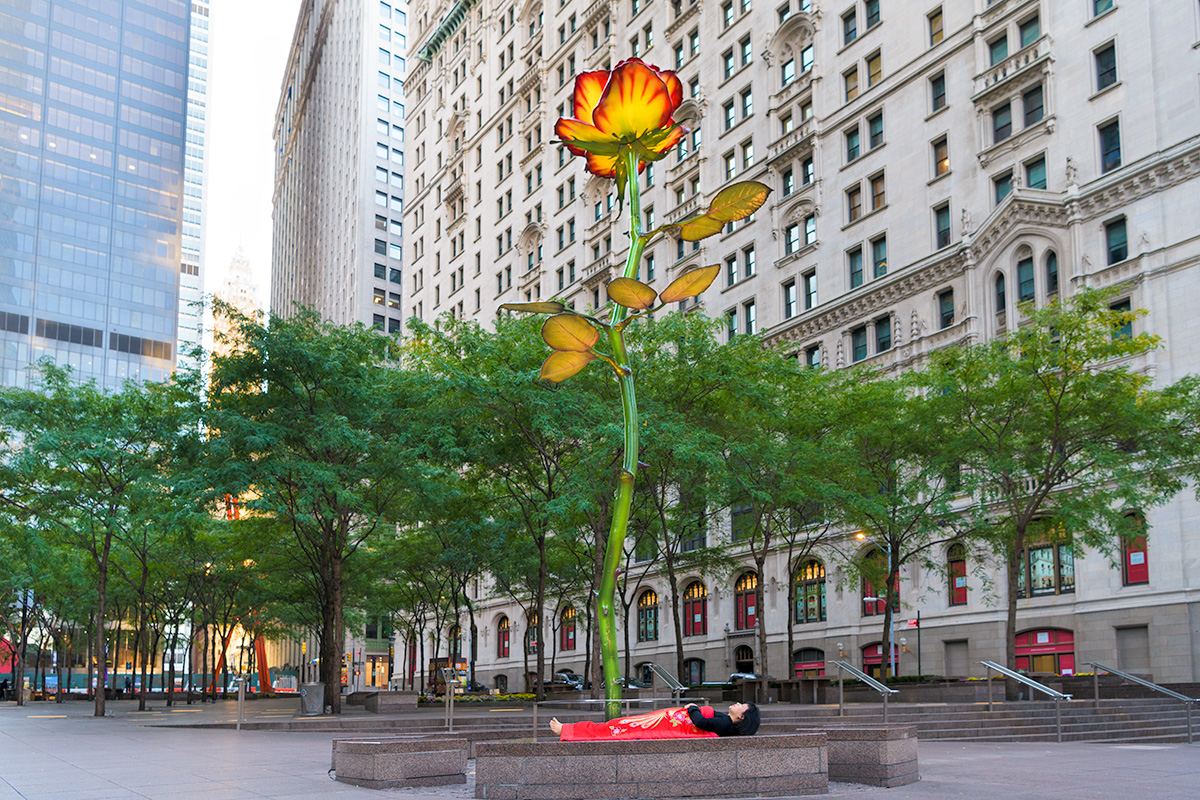 Chun Hua Catherine Dong sleeps in front of a rose sculpture in New York City