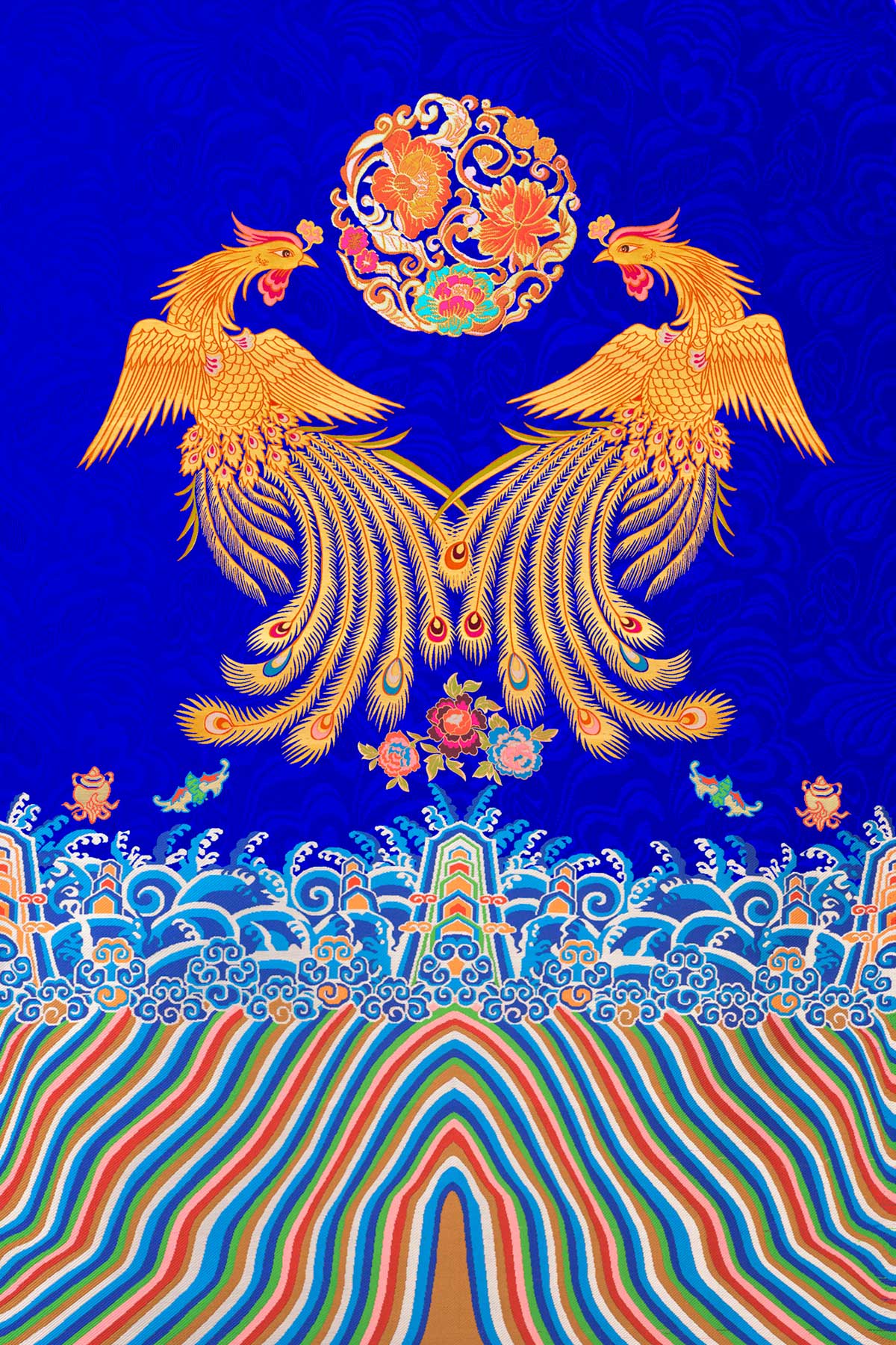 Two phoenixes face each other with a flower ball in the middle on a Chinese blue textile 