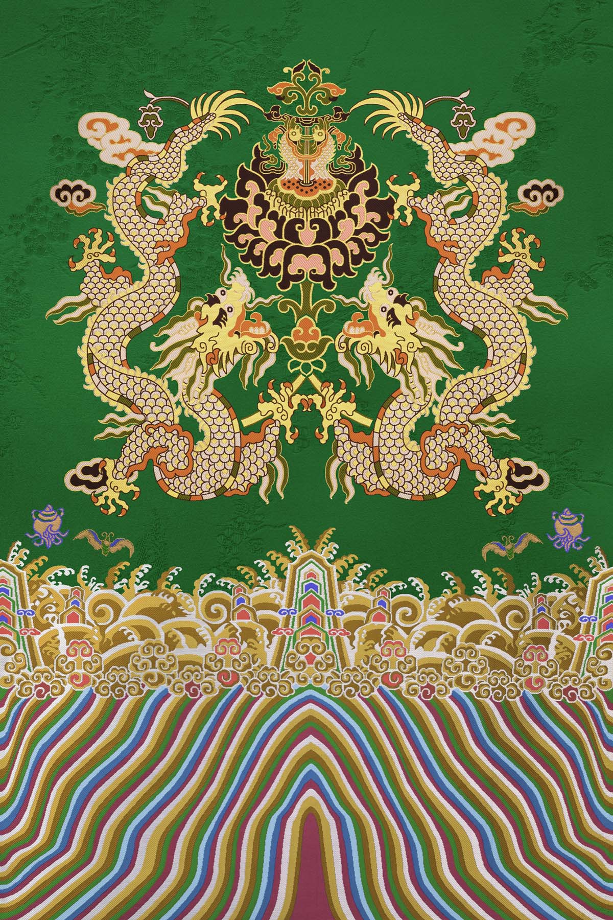 Two dragons face each other with a flower ball in the middle on a Chinese green textile 