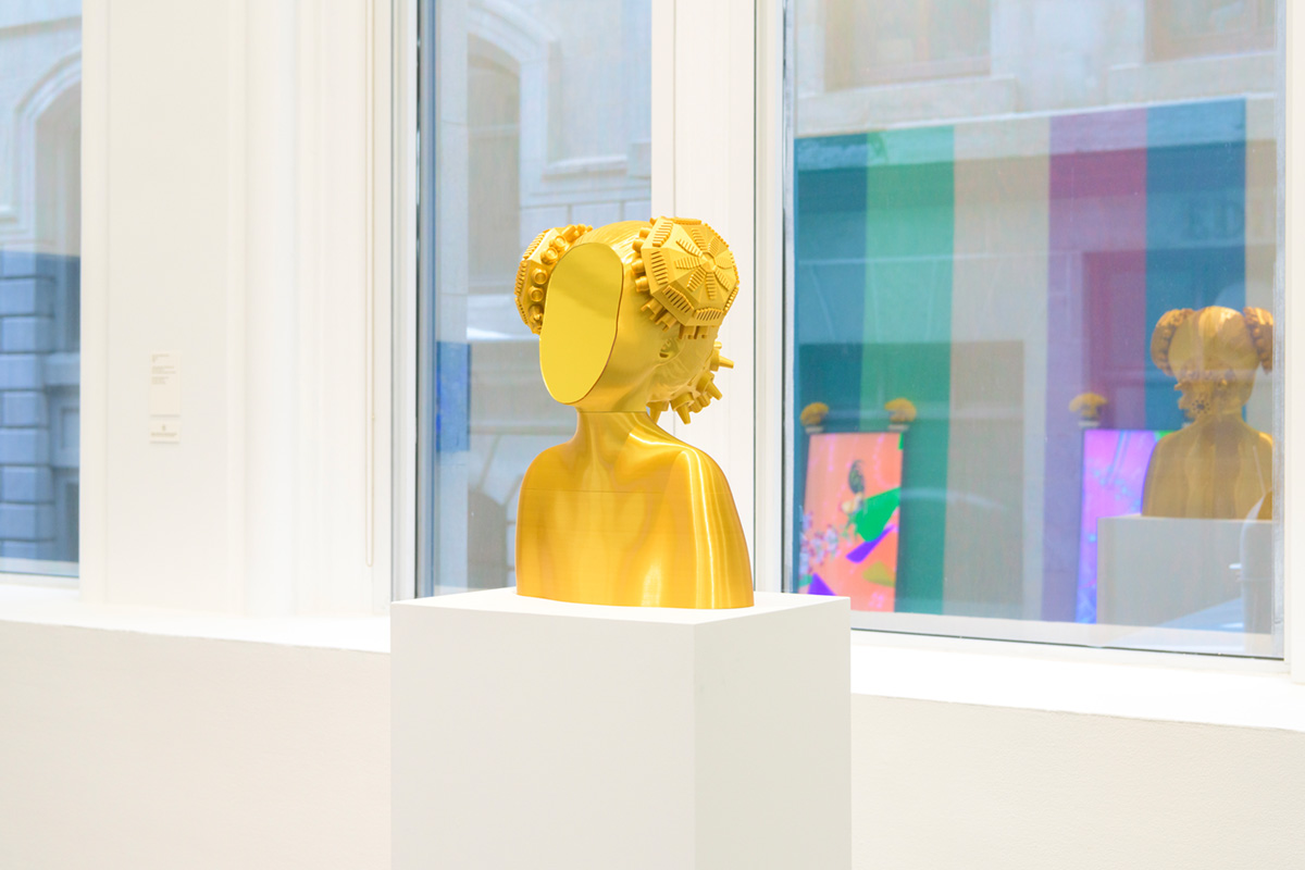  a yellow 3D printed bust girl without face