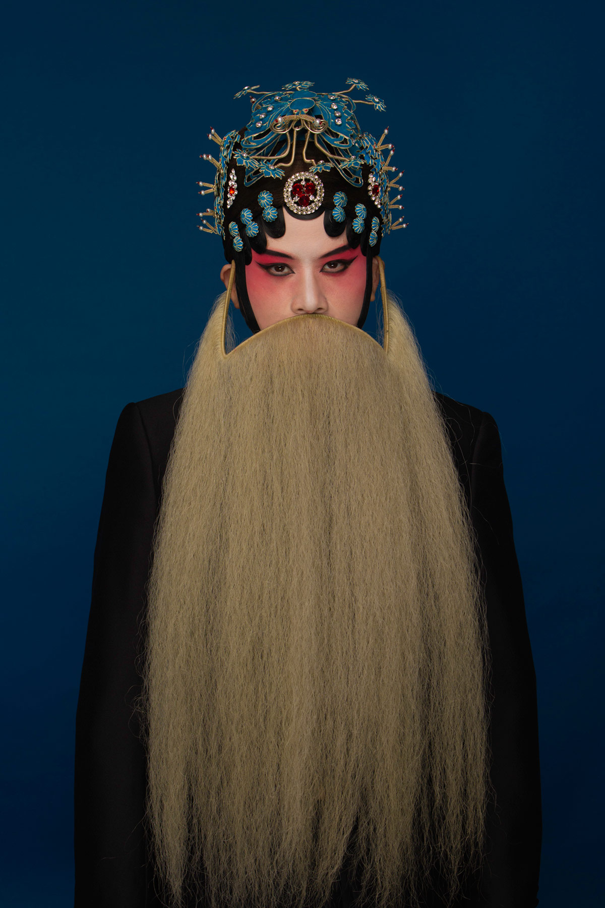 a girl wearing Beijing Opera costume with long beard
