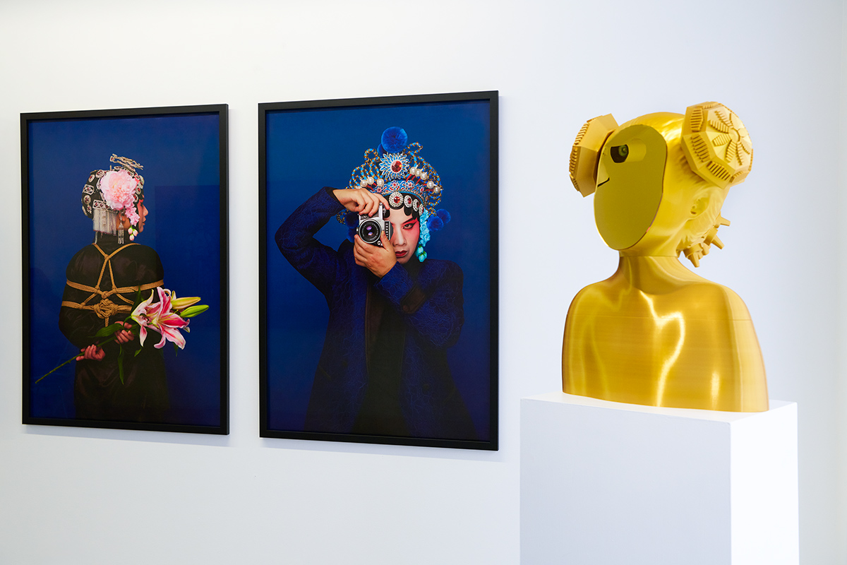 two self-portrait photograph and a gold girl 3D printed sculpture made by Chun Hua Catherine Dong at Galerie Charlot in Paris