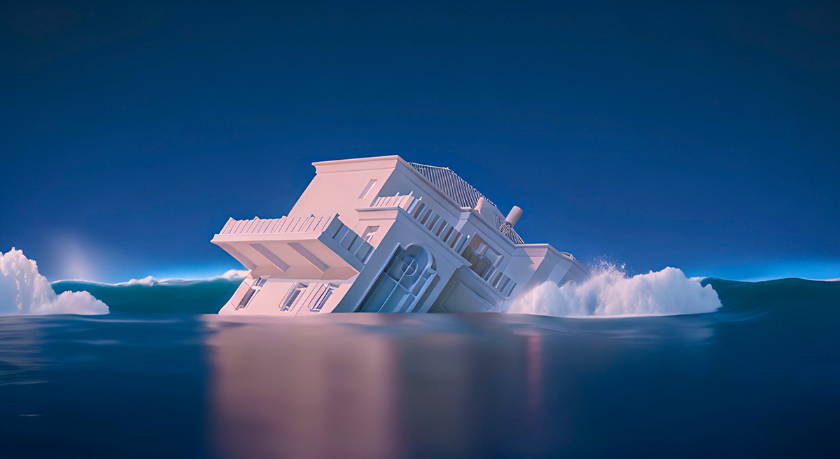 a white house sinking into raging water