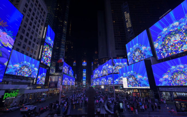 Times Square big billboards, blue deep ocean scene,Mulan in Beijing Opera style, many people are watching it