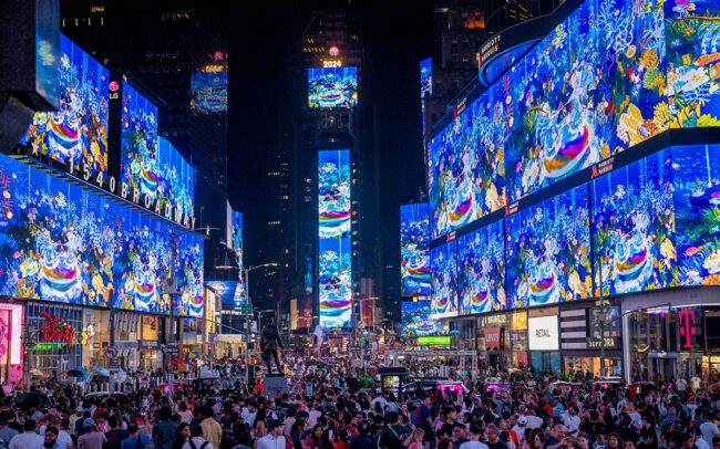 Times Square big billboards, blue deep ocean scene,Mulan in Beijing Opera style, many people are watching it