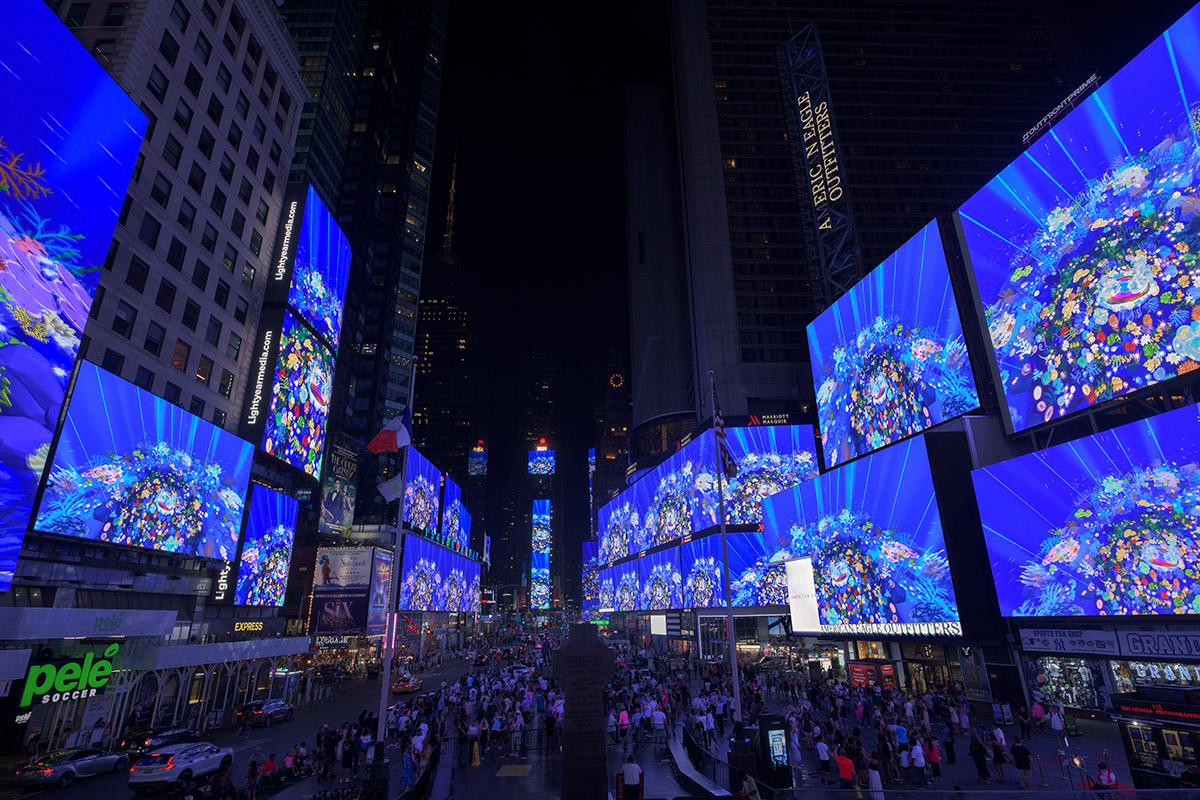 Times Square big billboards, blue deep ocean scene,Mulan in Beijing Opera style, many people are watching it