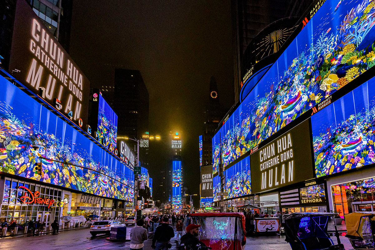 Times Square big billboards, blue deep ocean scene, many people are watching it