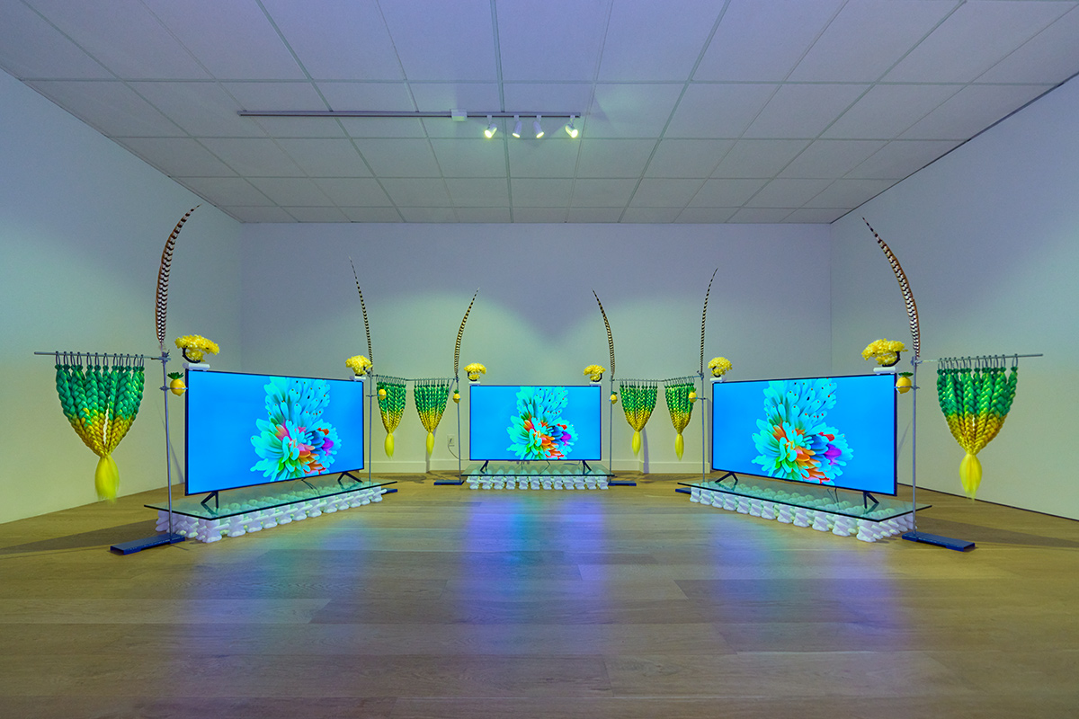 three channel video installation with green - yellow hair, feather, tempered glass and 3D printed bears