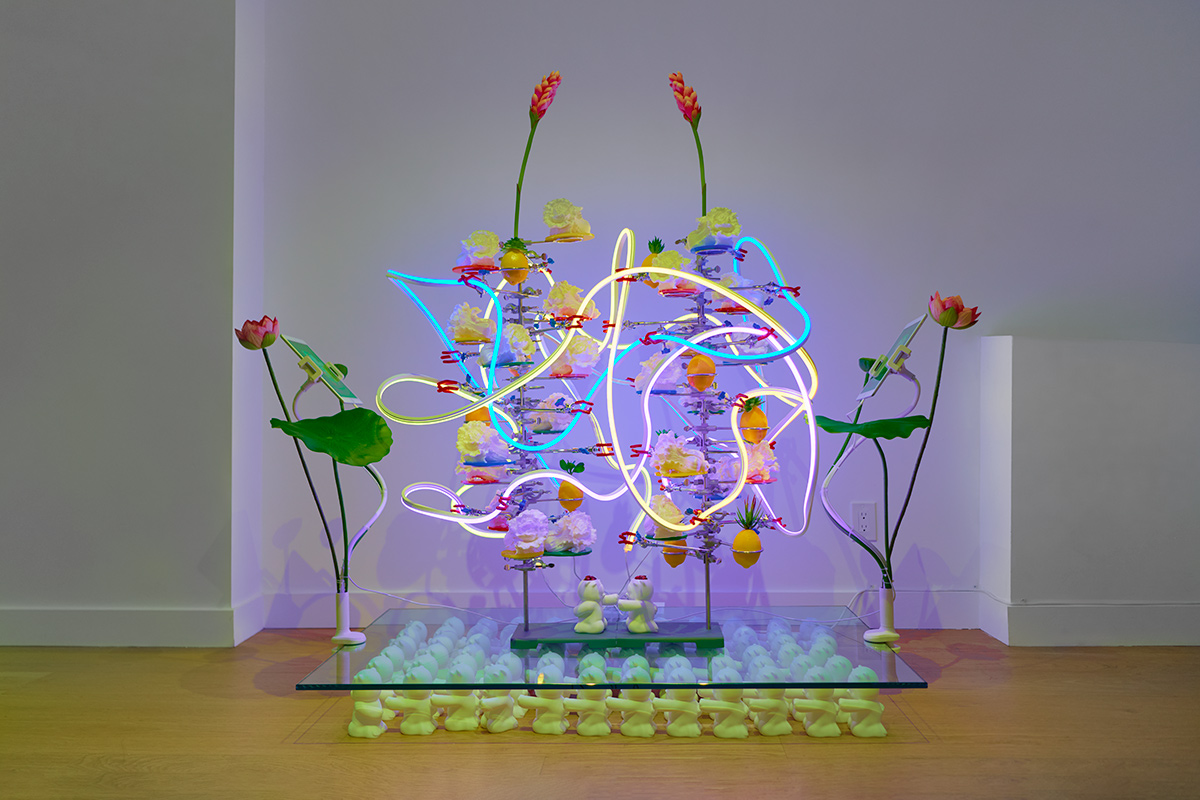 a beautiful light installation that includes 3D printed bear, 3D printed cabbage, lotus flowers, 3D animation